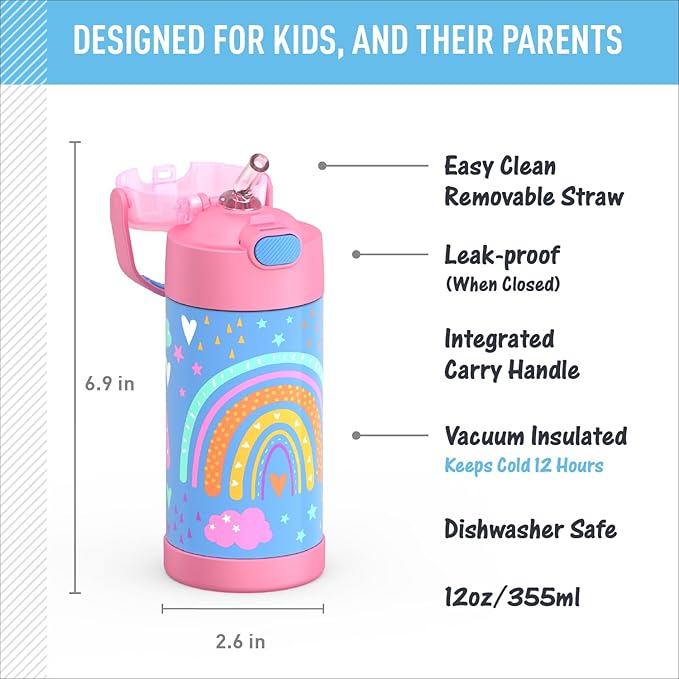 THERMOS FUNTAINER Water Bottle with Straw - 12 Ounce - Kids Stainless Steel Vacuum Insulated Water Bottle with Lid, Rainbow Dreams