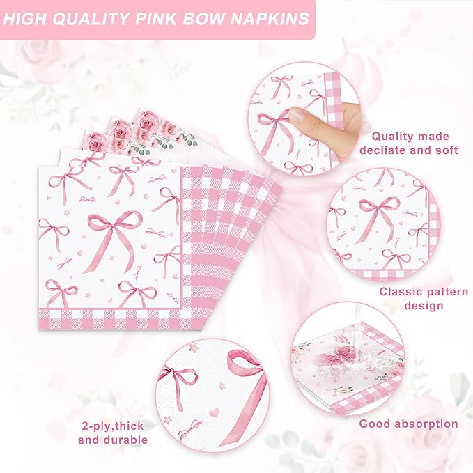 120 Pink Bow Baby Shower Decorations for Girl,Pink Bow Birthday Party Supplies Include Bow Plate,Napkin, Welcome Baby Girl Decorations for Coquette Bow Party Serves 20