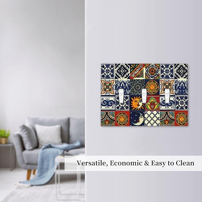 Boho Moroccan Mandala Mexican Tile 3 Gang Light Switch Cover, Kitchen Mosaic Boho Moon and Sun Tiles Decorative Triple Toggle Wall Plate Cover Electrical Three Device Switch Face Plate