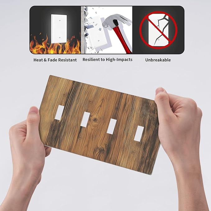 Light Switch Covers Vintage Rustic Country Brown Wood Quad Toggle Electrical Faceplate 4 Gang Wall Plate Decorative Switch Plates For Farmhouse Cabin Decor