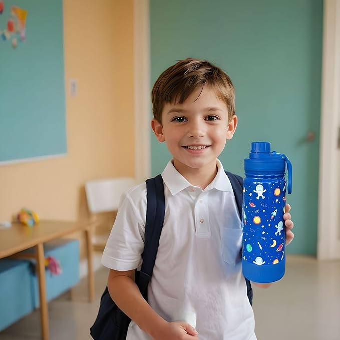 CHILLOUT LIFE 17 oz Kids Insulated Water Bottle for School with Leakproof Spout Lid and Cute Waterproof Stickers, Personalized Stainless Steel Thermos Flask Metal Water Bottle, Blue Space