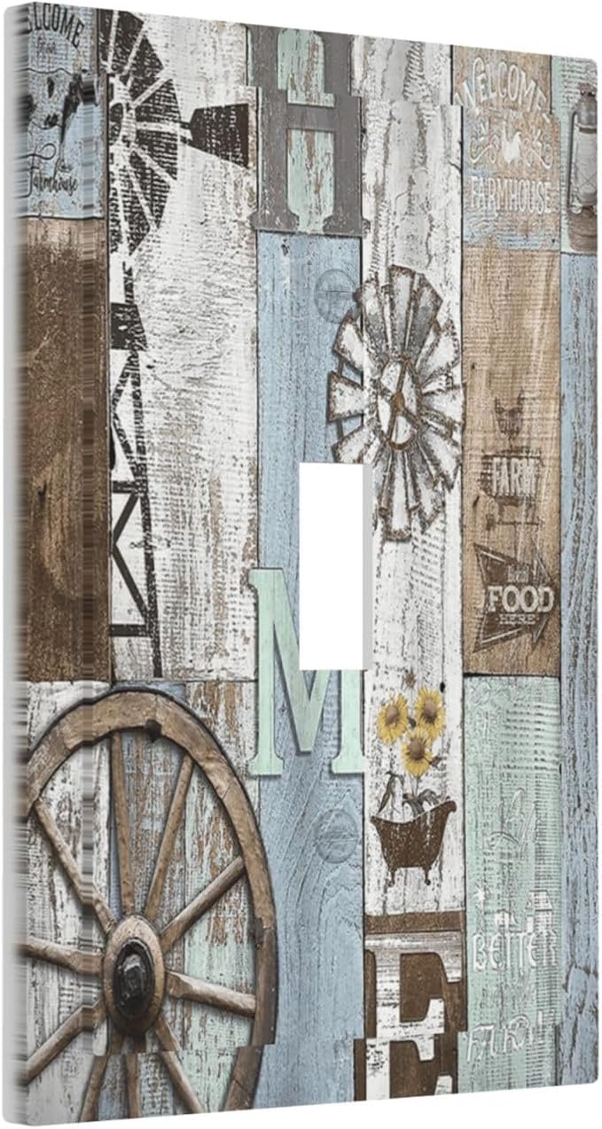 Rustic Western Barn Door Vintage Windmill Decorative Light Switch Cover 1 Gang Single Toggle Device Electrical Faceplate Switchplates Decorator Outlet Wall Plate for Farmhouse Home Decor