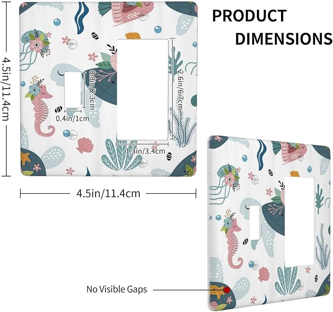 Underwater Floral Turtle Animal 2 Gang Light Switch Covers Single Toggle Rocker Combo Wall Plate Electrical Faceplate Decorative Switchplate for Nursery Kidsroom Bedroom Decor