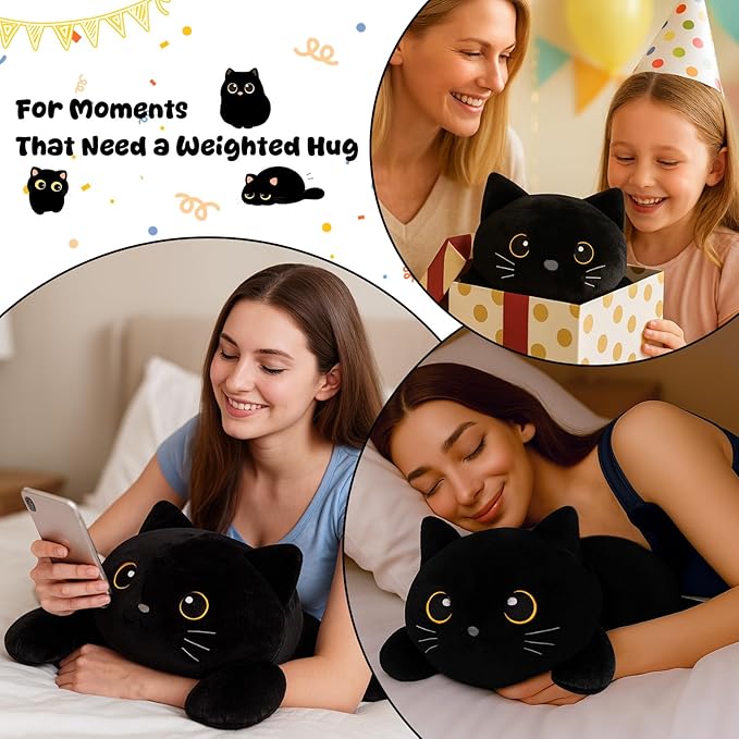 SQEQE Weighted Stuffed Animals Black Cat, Weighted Black Cat Plush, Plushies for Cozy Comfort, Soft Black Cat Pillow Toy for Kids Adults, Christmas & Valentines Gift 13.8 Inch, 1.7 Lbs