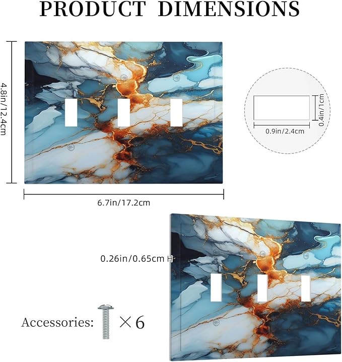 Light Switch Cover Plate Golden Abstract Luxury Marble 3 Gang Triple Toggle Decorative Switch Plates Wall Plates Electrical Switchplate Faceplate for Livingroom Bathroom Decor