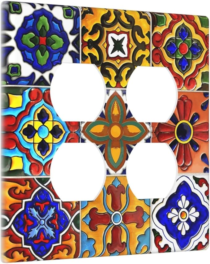 Vintage Colorful Boho Mexican Moroccan Tile Outlet Covers 2 Gang Double Duplex Decorative Light Switch Covers Electrical Wallplates Socket Faceplate for Farmhouse Home Decor