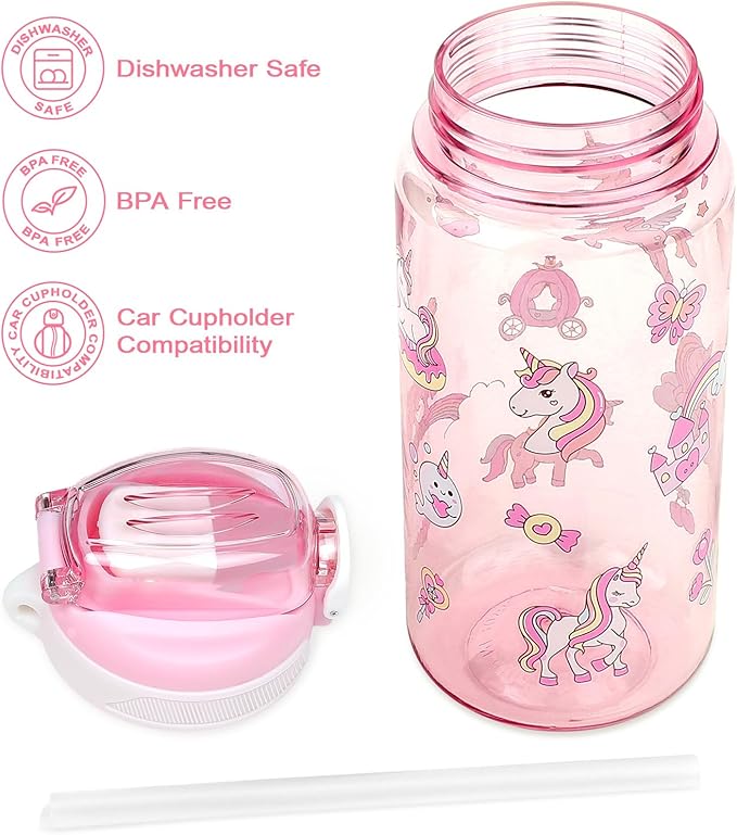 Kids Water Bottle for School or Travel, 20 Oz Durable Plastic Water Bottle with Silicone Straw and Pop-Up Spout Cover, BPA Free & Dishwasher Safe(Unicorn)