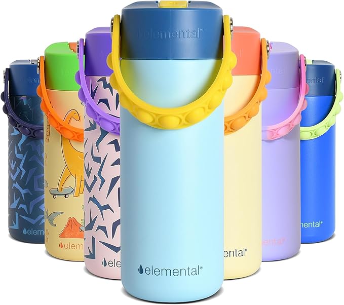 Elemental Insulated Kids Water Bottle, Stainless Steel Water Bottle with Straw Lid & Pop-It Handle, Leak-Proof Water Bottles for School, Boys or Girls, Travelling and Sports, 18oz - Sunny Sky