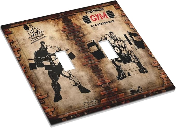 Vintage Gym Retro Brick Dumbbell 2 Gang Double Toggle Wall Plates Light Switch Cover Decorative Electrical Switchplate Faceplate Dimmer for Bedroom Kidroom Bathroom Gyms Decor
