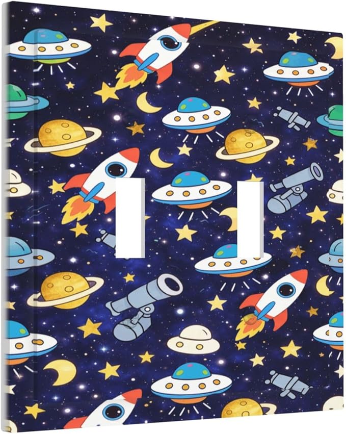 Decorative Light Switch Cover Plate Space-themed Rocket Spaceship 2 Gang Outlet Covers Double Toggle Wall Plates for Electrical Switch Plate Covers Faceplate for Children's Room Decor