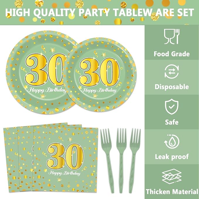 96Pcs Green Gold 30th Birthday Party Plates and Napkins for Women Men Sage Green 30 Year Old Birthday Party Supplies Themed Paper Dessert Plates Tableware Set for 24 Guests Party Decorations