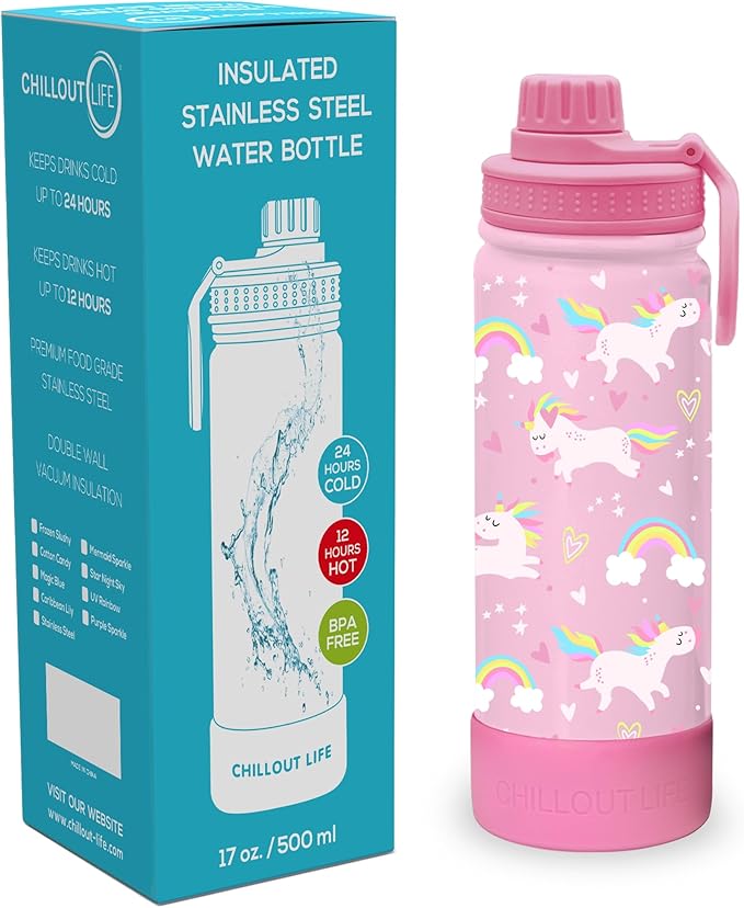 CHILLOUT LIFE 17 oz Kids Insulated Water Bottle for School with Leakproof Spout Lid and Cute Waterproof Stickers, Personalized Stainless Steel Thermos Flask Metal Water Bottle, Pink Unicorn