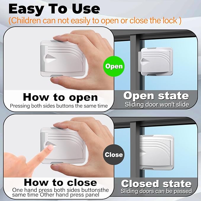 STERGDE Sliding Door Lock 4 Pack, Prevent children from opening sliding doors, sliding door baby proof, Easy To Install, For Sliding Glass Doors, Sliding Windows, Sliding Closets, Etc（Grey）