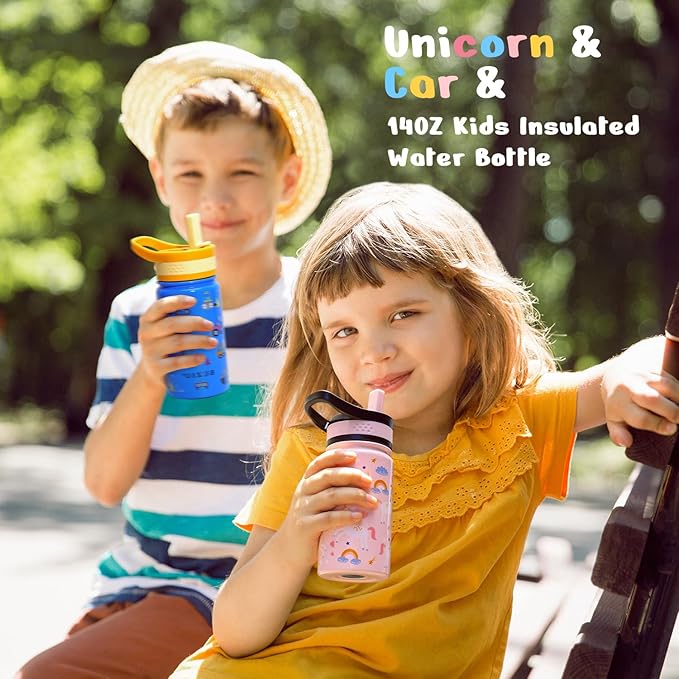 2 Pack Kids Water Bottle, BUZIO 14oz Insulated Stainless Steel Water Bottles with Tritan Straw Lid for toddler, Double Wall Leak Proof Lead-Free Drink Flask for School Boy Girl (Pink Unicorn+Blue Car)