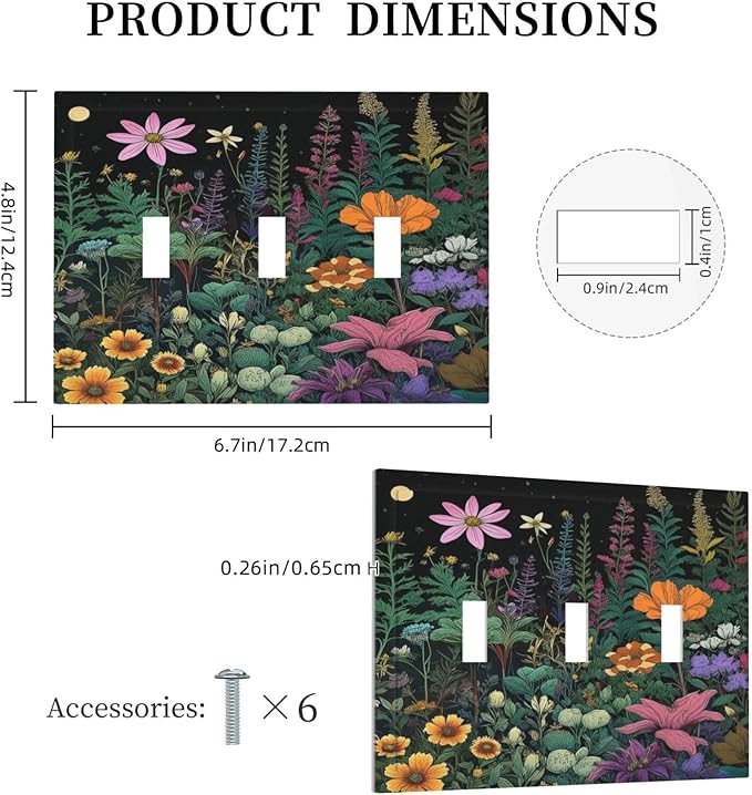Decorative Light Switch Cover Plate Brainstorming Sketches of Weeds Wildflowers Plants 3 Gang Wall Plate Oversized Triple Toggle Switch Cover Plate Jumbo Electrical Face Plate