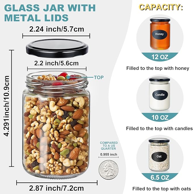 12oz Glass Jars with Lids, 20 Pcs Empty Candle Jars for Making Candle, Mason Canning Jars for Spice, Jam, Liquid, Baby Food Storage, Meal Prep, Craft, DIY Gift, Sample Container, Dishwasher Safe