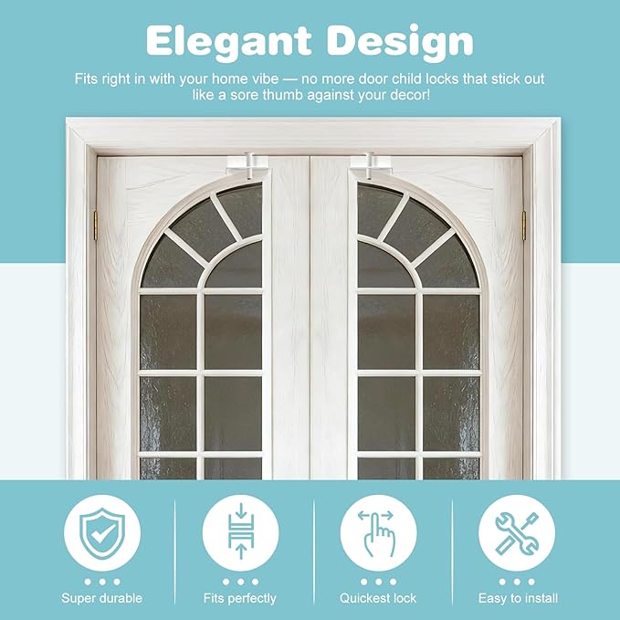Child Safety Door Top Lock, Adjustable Metal Child Proof Door Top Locks for Interior&Exterior&French Doors, Lock & Unlock from Both Sides for Stop Kids Pets, Fit 0.6-2 inch Thick Doors (2Pack White)