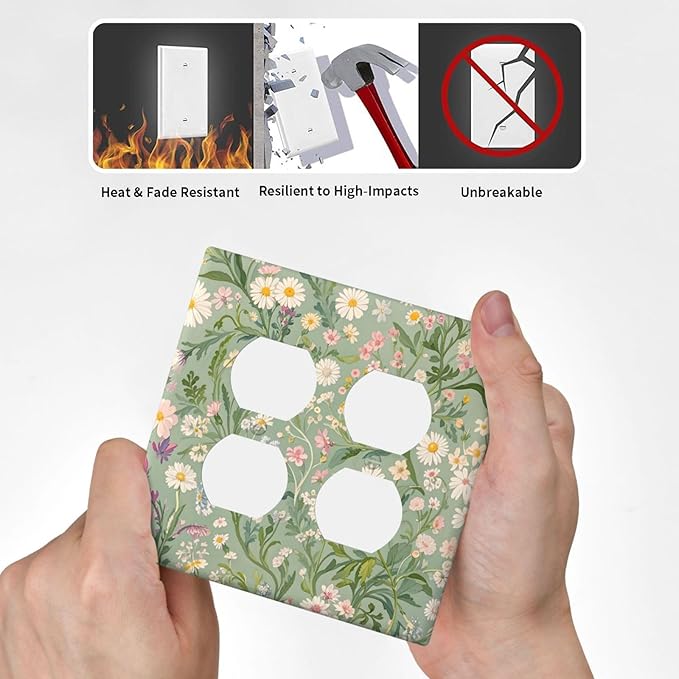 Decorative Outlet Covers with Vintage Wildflowers & Daisies on Light Green Background Design 2 Gang Wall Plate Double Duplex Receptacle Light Switch Cover Switch Plate Cover