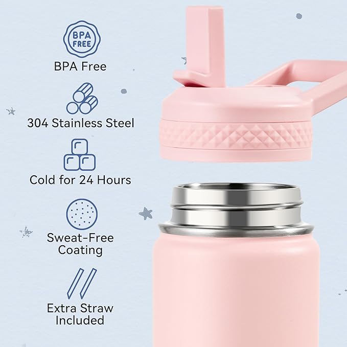 Fijinhom 12 oz Toddler Bottle, 2 Pack Kids Water Bottle for School Boys & Girls with Straws Lids, 304 Stainless Steel Vacuum Insulated Thermos, BPA-Free, Blue + Pink