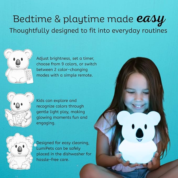 LumiPets Keith the Koala Squishy Night Light for Kids | Silicone Lamp with Tap & Remote Control | Rechargeable, 9 Color Changing Animal Night Light for Boys & Girls | Portable Nightlight With USB Cord