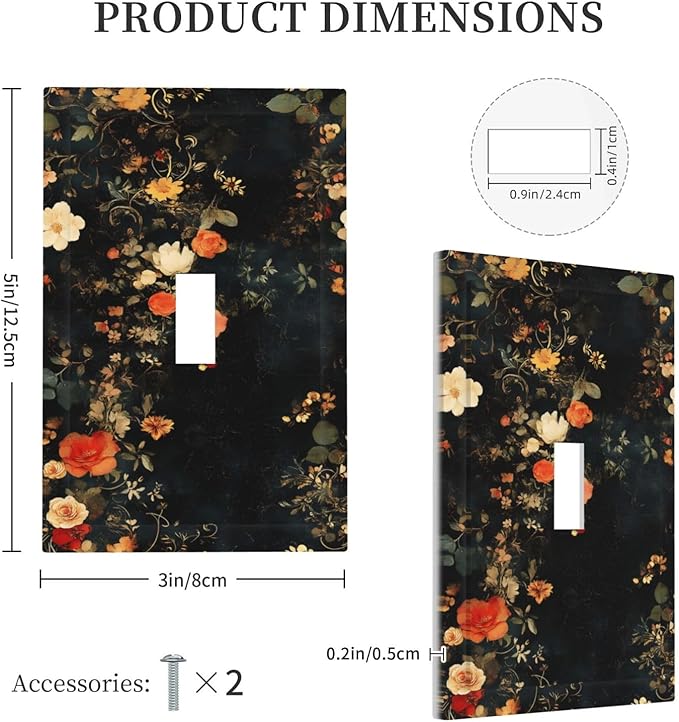 Vintage Orange Pink Black Roses Floral Flower Decorative Light Switch Cover 1 Gang Single Toggle Device Electrical Faceplate Switchplates Decorator Outlet Wall Plate for Farmhouse Bedroom Decor