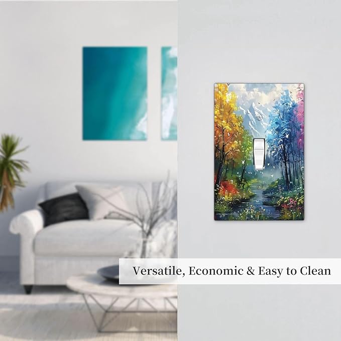 Colorful Forest Snow Mountain River Oil Painting Style Decorative Light Switch Cover 1 Gang Single Toggle Device Electrical Faceplate Switchplates Decorator Outlet Wall Plate for Bedroom Living Room