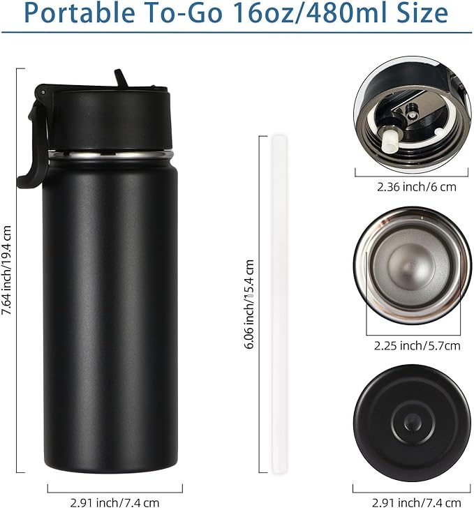Volhoply Kids Insulated Water Bottle with Straw,16oz Stainless Steel Cold Water Bottles for School,BPA-Free Metal Wide Mouth Cups with Handle Lid,Reusable Double Wall Vacuum Sport Flask(Black,1)