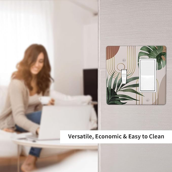 Vintage 70S Mid Century Boho Decorative Single Toggle/Rocker Combo Light Switch Cover 2-Gang Palm Leaf Abstract Art Electrical Wall Plate Double Combination Switch Decorator GFCI Receptacle Cover
