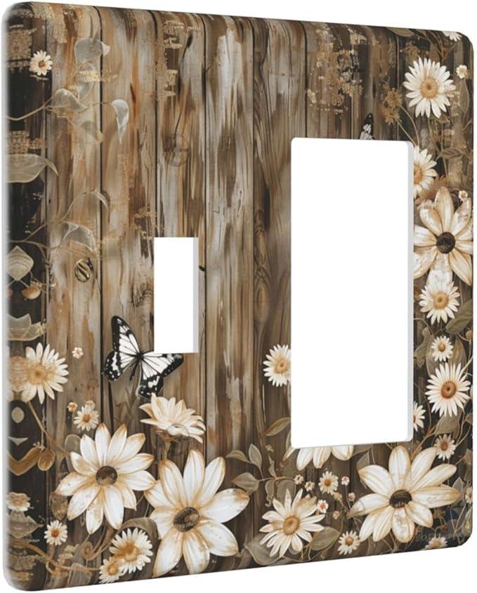 Light Switch Cover Plate Rustic Wood Butterflies Flowers Botanical 2 Gang Combo Wall Plates Toggle Rocker Decorative Switch Plates and Outlet Covers for Farmhouse Cabin Decor