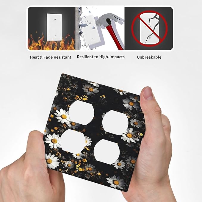 White Black Daisy Wildflower Modern Chrysanthemum Outlet Covers 2 Gang Double Duplex Decorative Light Switch Covers Electrical Wallplates Socket Faceplate for Bedroom Farmhouse Decor