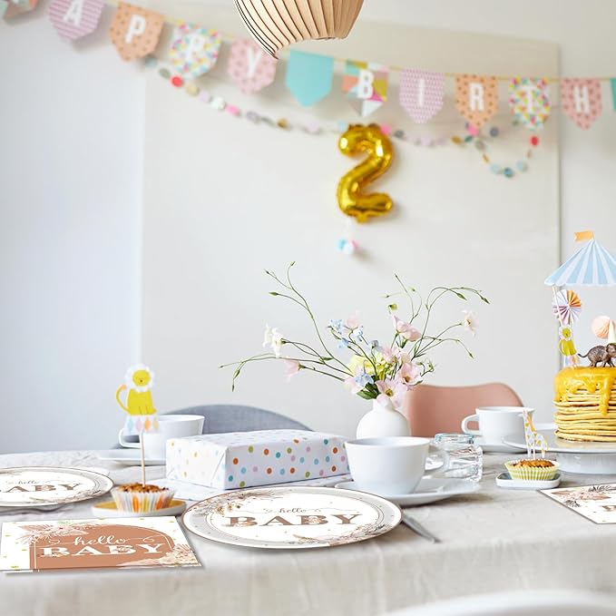 40 PCS Boho Baby Shower Decorations Bohemian Theme Disposable Tableware Set Gender Neutral Baby Shower Decorations Baby Paper Plates Napkins for Girl Boy