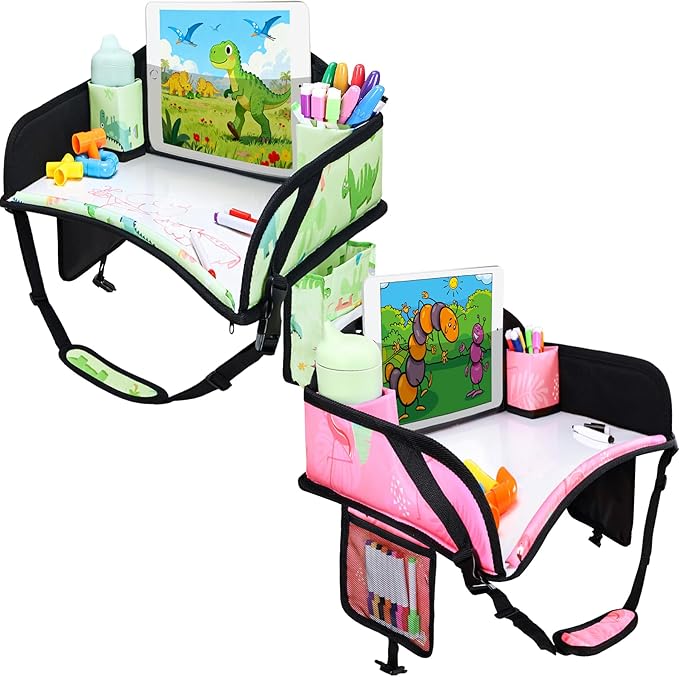 2PCS Kids Travel Tray, Car Seat Tray for kids Travel, Toddler Road Trip Essentials With Drawing Kit, Toddler Lap Desk Organizer for Car, Carseat Table for Airplane