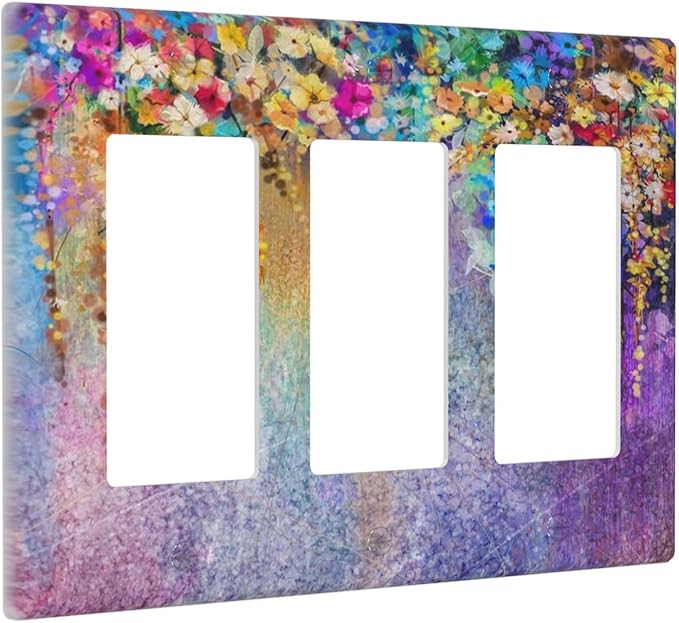 Colorful Floral Watercolor Flower 3 Gang Rocker Light Switch Plate Purple Triple Decora Outlet Wall Plate Cover Faceplate Decorative Switchcovers GFCI for Farmhouse Bathroom Bedroom Decorate