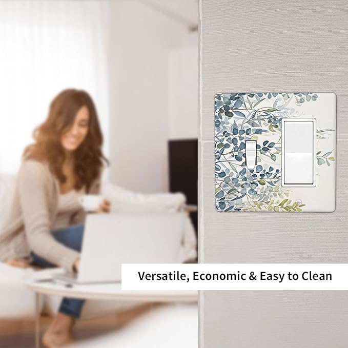 Decorative Toggle Switch Cover Plate with Green & Blue Watercolor Eucalyptus Botanical Foliage Design 2-Gang 1-Gang Standard Wall Plate Light Switch Cover for Contemporary Living Room Decor