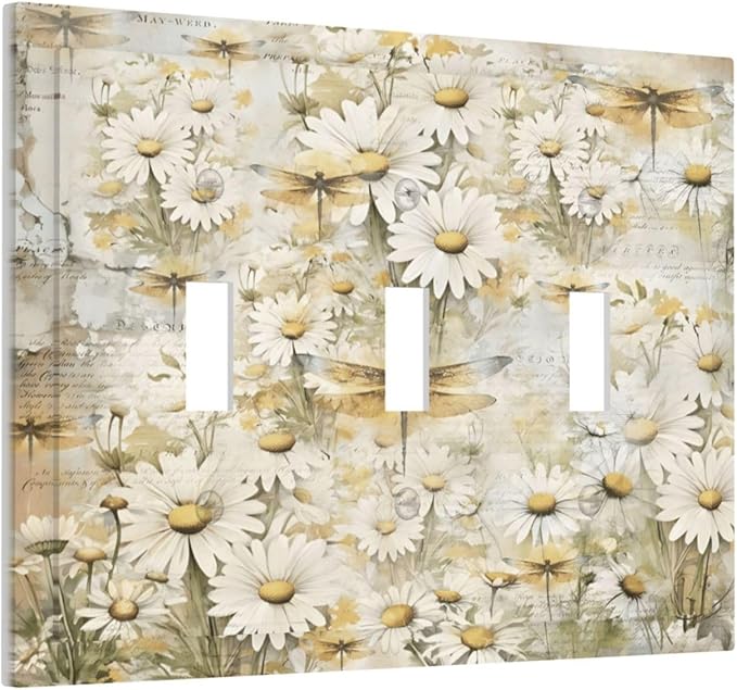 Vintage Letter Paper Wildflowers Dragonfly Daisy Floral Decorative Switch Plates 3 Gang Wall Plate Triple Toggle Light Switch Cover Faceplate Electrical Wall Panels for Farmhouse Bedroom Decor