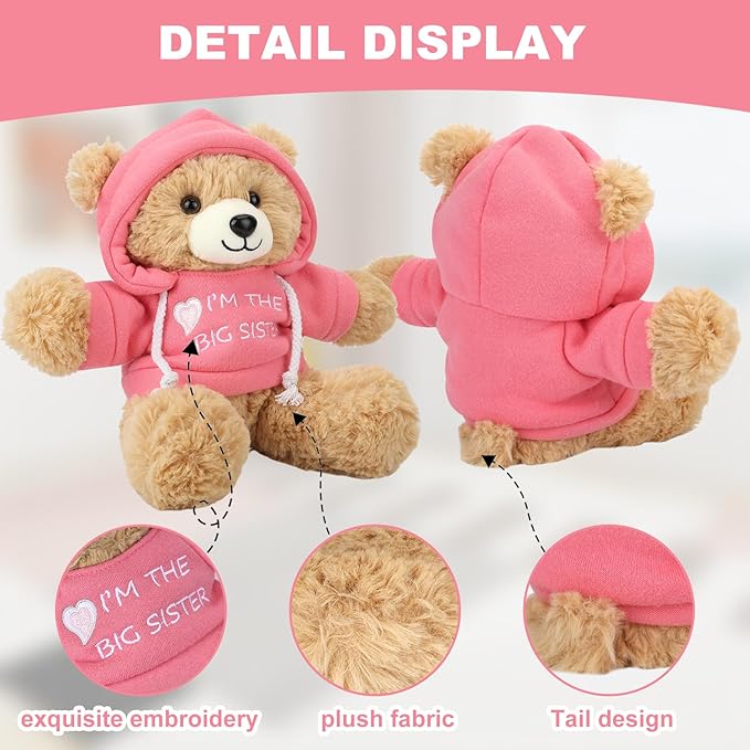 Osacoe “I’m The Big Sister” Teddy Bear Stuffed Animal with Gift Box Removable Pink Hoodie Bracelet, Big Sister Gifts for Girls Who Promoted to Big Sister with Beautiful Greeting Card