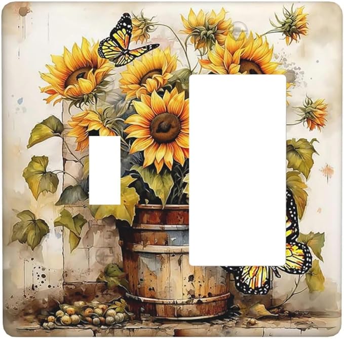 Outlet Covers Rustic Vintage Sunflower Bouquet Butterfly 1 Toggle 1 Rocker Combination Decorative Wall Plate Light Switch Cover Plate Electrical Switch Plates for Farmhouse Cabin Decor