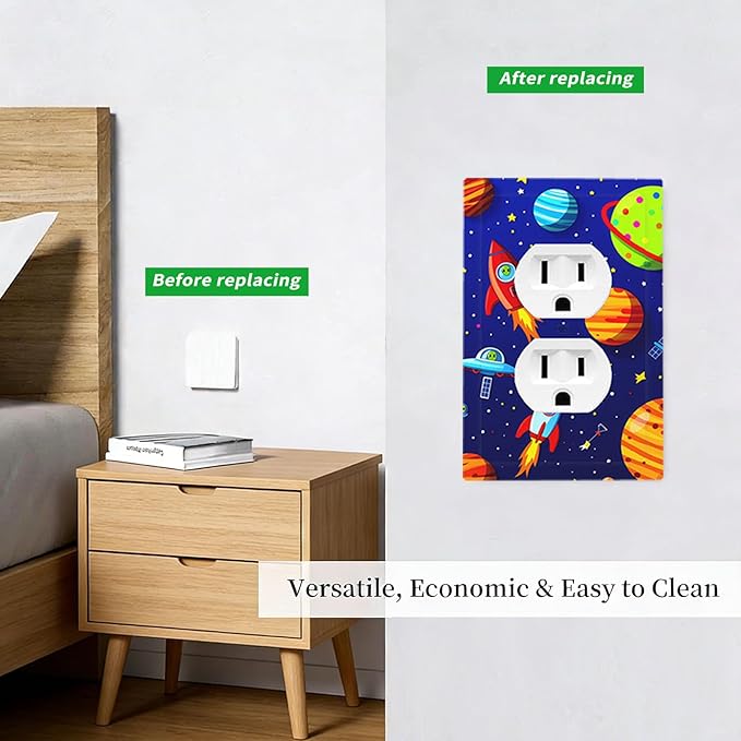 Planets, Rockets & Aliens Duplex Wall Plate - 1-Gang Standard US Size Astronaut Cosmic Adventure Outlet Covers for Boy's Bedroom Decor