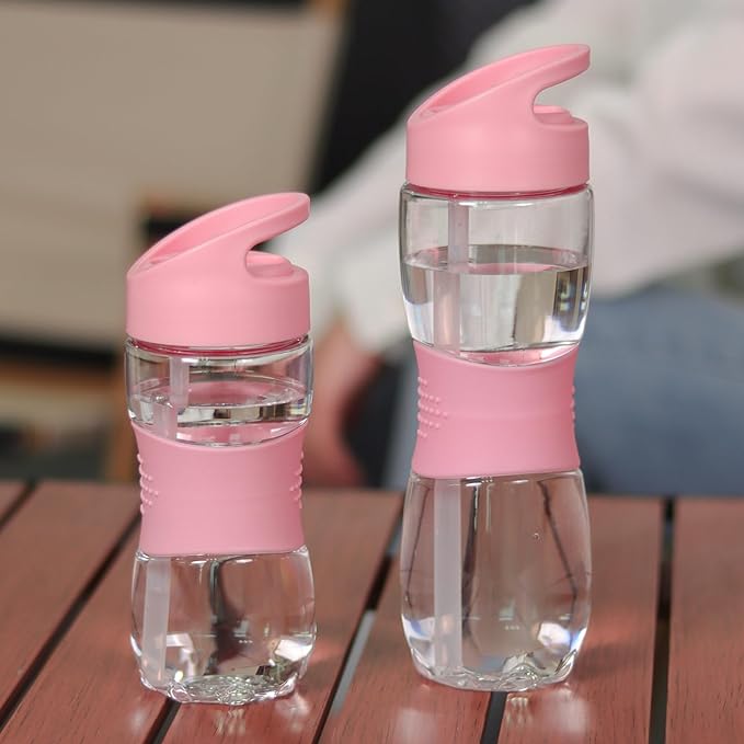 Sivaphe Clear Kids Water Bottle with Straw Cap 12 oz, Portable Leak-Proof Tritan Small Beverage Bottle 350 ml, Transparent Sports Drinking Bottle 350ml for School Girls Lightweight Pink