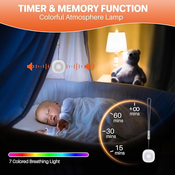 FUNYKICH Travel White Noise Sound Machine with Colorful Light, Portable Mini Sound Machine for Baby Adults Kids with 10 Sounds, Sleep Timer, Memory Function, Rechargeable for Travel, Home and Office