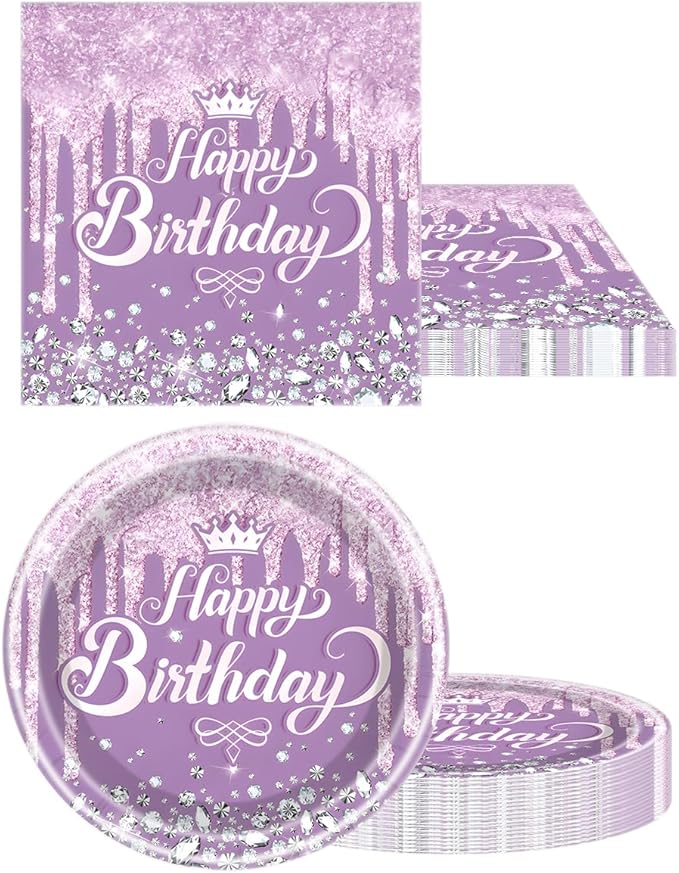 Purple Party Tableware set, Purple Happy Birthday Theme 20 Plates and 20 Napkins and Tablecloths 71 '' x 42 '' for Girls Women Silver Glitter Birthday Party Supplies