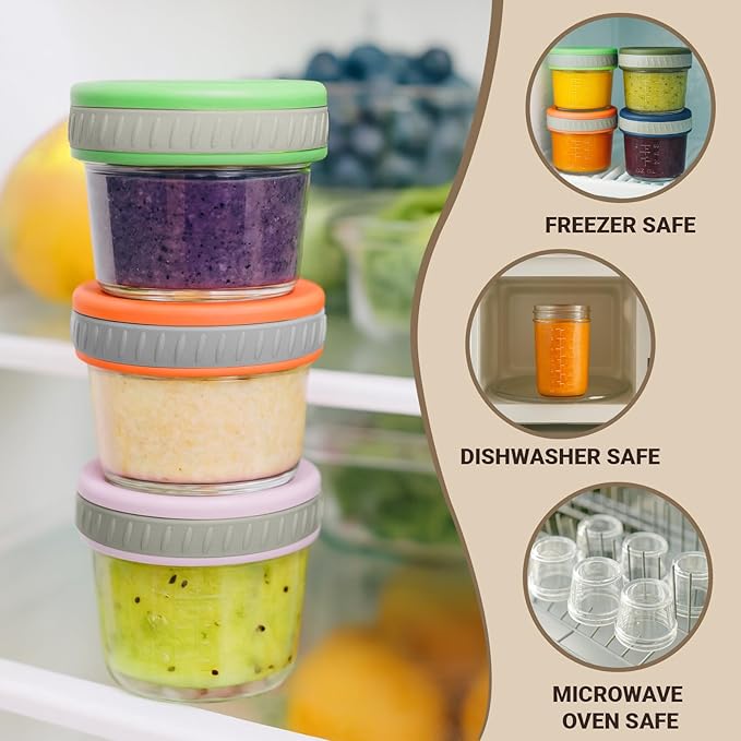 Sursip Glass Baby Food Storage Containers, 4 oz Small Mason Jars with Lids, Airtight for Baby Puree Containers, Juice, Milk, Yogurt, Overnight Oats, Mini Toddler Snack Cups - 8 Pack