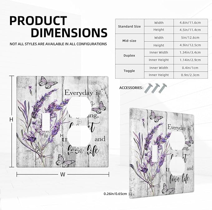 Decorative Outlet Covers Lavender Flower Purple Floral Butterfly on Plank Inspirational quotation 2 Gang Wall Plate Single Toggle Duplex Light Switch Cover Switch Plate Covers Faceplate