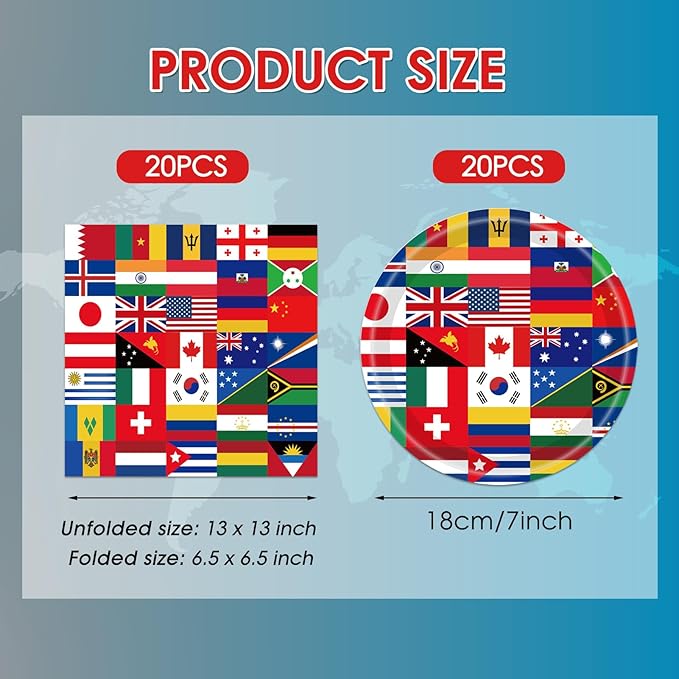International World Flags Tableware Set International Flags Decorations Plates and Napkins for Travel Trip Around the Globe Retirement,School, Sports Events, Grand Opening, Party