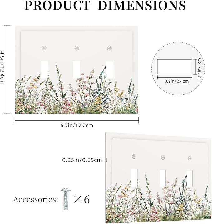 Decorative Switch Plates Boho Wildflower Green Leaves Rustic Floral Botanical 3 Gang Wall Plate Faceplate Triple Toggle Light Switch Cover Electrical Wall Panels for Bedroom living Room Decor