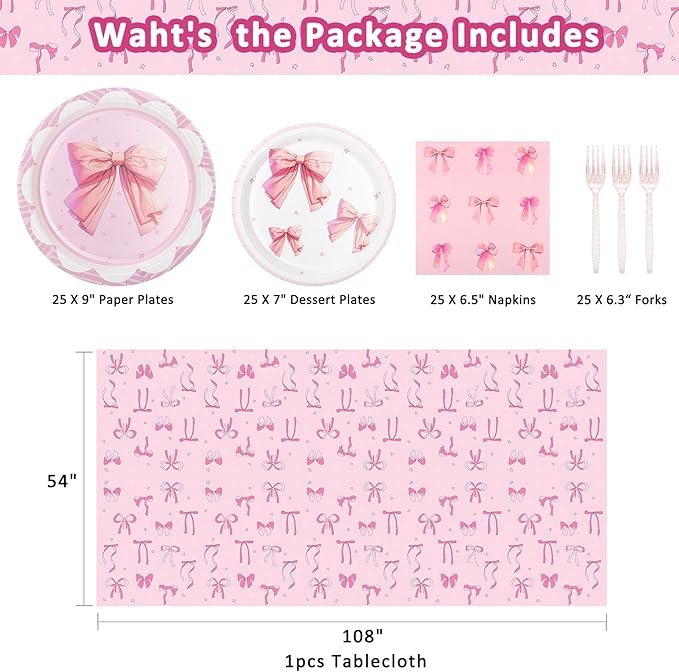 Pink Bow Party Plates and Napkins Supplies - 25 Disposable Plates, 25 Dessert Plates, 25 Napkins, 25 Forks & 1 Tablecloth for Birthday, Baby Shower, Bridal Shower
