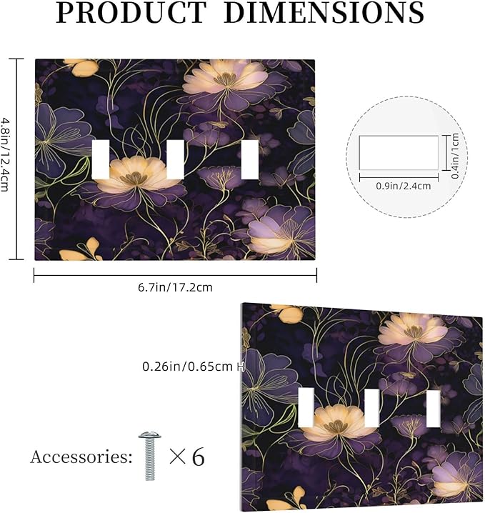 Modern Boho Vintage Gold Purple Dark Floral Modern Abstract Flowers Decorative Switch Plates 3 Gang Wall Plate Faceplate Electrical Wall Panels Triple Toggle Light Switch Cover for Bedroom Living Room