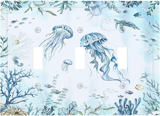 Decorative Switch Plates Jellyfish Teal Blue Ocean Turtle Coastal Beach 3 Gang Wall Plate Faceplate Triple Toggle Light Switch Cover Electrical Wall Panels for Bedroom Bathroom Decor