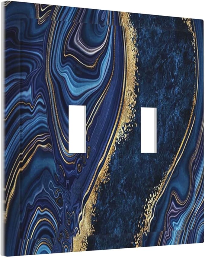 Luxury Marble Navy Blue 2 Gang Double Toggle Light Switch Cover Decorative Wall Plate Faceplate For Boys Men Modern Art Agate Stone Watercolor Gold Line Bathroom Home Living Room Decor 5" x 4.9