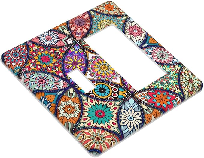 Bohemian Combin Wall Plate Cover Decorative 2 Gang Toggle Rocker Light Switch Cover colorful Vintage Floral Mandala Flower Faceplate for Bathroom Home Bedroom Art Panel Decor 4.5 X 4.5 In